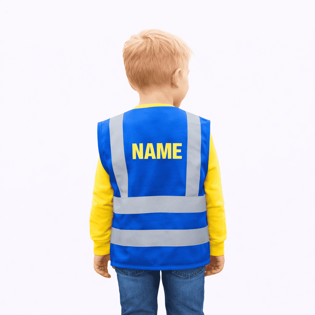Kind in blauer Warnweste mit "NAME" auf dem Rücken, Kinder Sicherheitskleidung.